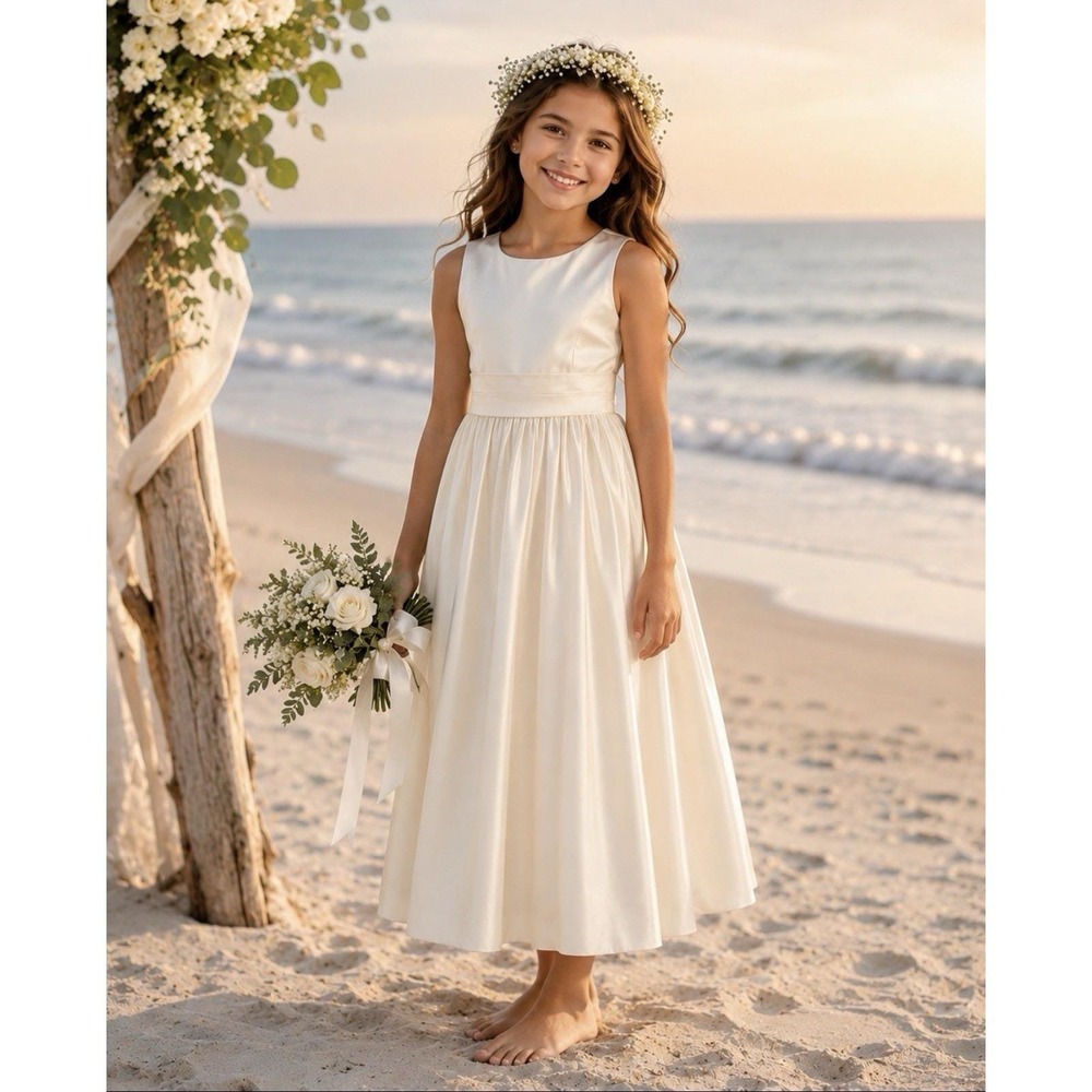 Vintage US Angels Girls Size 10 Ivory Satin Formal Dress Pearl Buttons Bow Long
